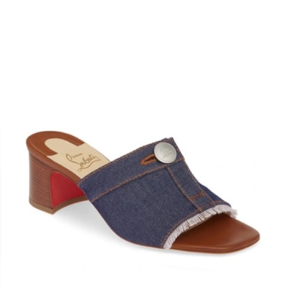 Christian Louboutin Denim Blue Open-Toe Wedge Sandals with Red Heel Accent - Picture 8 of 11